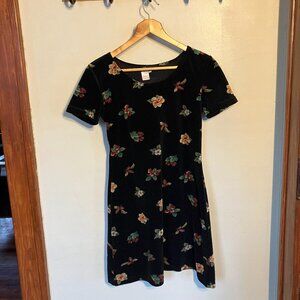 Vintage MONSOON Floral Stretch Blue Velvet Dress Women's Size 6 short sleeves